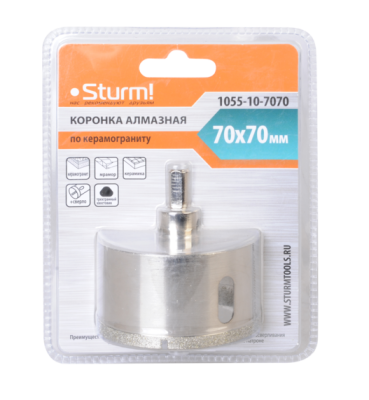 Коронка алмазная по керамограниту 70 х 70 мм,3гр. Хв., с центрир. Cверл.  Sturm-Tehinstrument