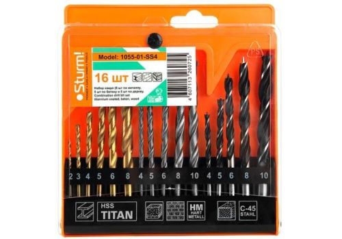 Набор сверл УНИВЕРСАЛЬНЫЙ: 6шт ПО МЕТАЛЛУ, 5шт ПО БЕТОНУ, 5шт ПО ДЕРЕВУ  Sturm-Tehinstrument