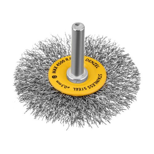 Щетка для дрели, 60 мм, Плоская, со шпилькой, нержавеющая витая проволока Denzel-Tehinstrument