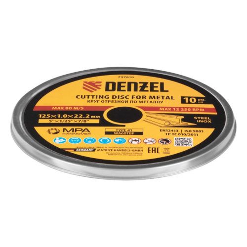Круг отрезной по металлу, 125 х 1,0 х 22,2 мм, WA60TBF, в метал.банке, 10 шт. Denzel-Tehinstrument