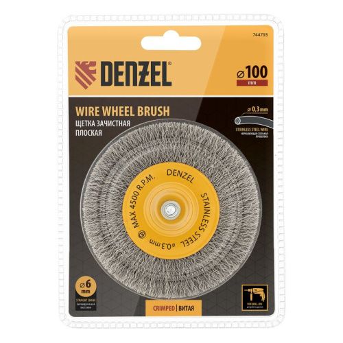 Щетка для дрели 100 мм, Плоская, со шпилькой, нержавеющая витая проволока Denzel-Tehinstrument