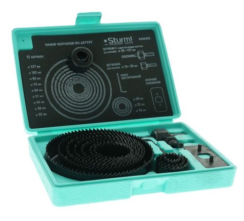 Набор коронок по дереву, 12 шт, 19/22/29/32/38/44/51/64/76/89/102/127x22мм, пластиковый кейс,  Sturm-Tehinstrument