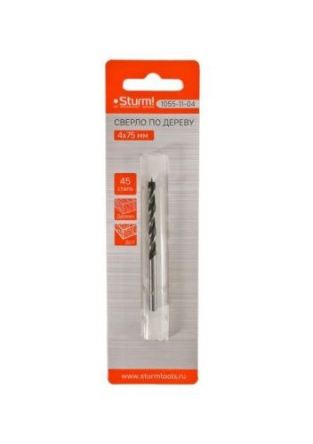 Сверло спиральное по дереву D=4мм, L=75мм, цил. Хв., блистер,  Sturm-Tehinstrument