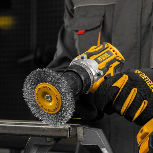 Щетка для дрели 100 мм, Плоская, со шпилькой, нержавеющая витая проволока Denzel-Tehinstrument