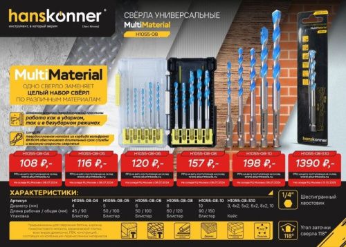 Сверло универсальное 10мм, Hanskonner H1055-08-10-Tehinstrument