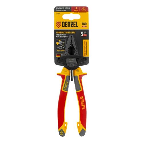 Плоскогубцы комбинированные, диэлектрические трехкомпонентные рукоятки до 1000 В, 180 мм Denzel-Tehinstrument