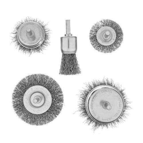 Набор щеток для дрели, 2 Плоские 50-75мм, 3 Чашки 25-50-75мм, шпилька,  нерж.вит. проволока Denzel-Tehinstrument