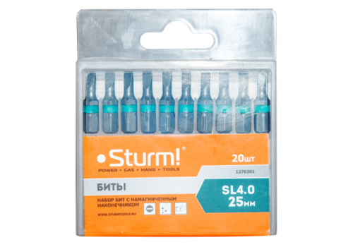 Биты SL4x25мм,сталь S2, С МАГНИТН. НАКОНЕЧНИКОМ,20 шт. В пластик.кейсе  Sturm-Tehinstrument