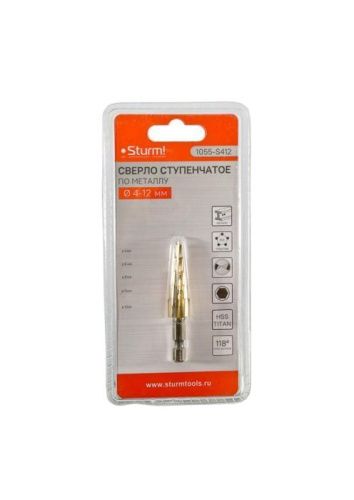 Сверло ступенчатое по металлу 4-12мм шаг 2мм HSS+TIN прямое  Sturm-Tehinstrument