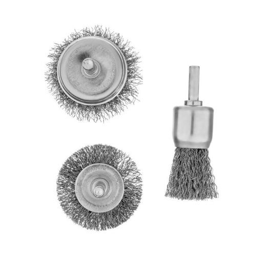 Набор щеток для дрели, 1 Плоская 50мм, 2 Чашки 25-50мм, шпилька, нерж. вит. проволока Denzel-Tehinstrument