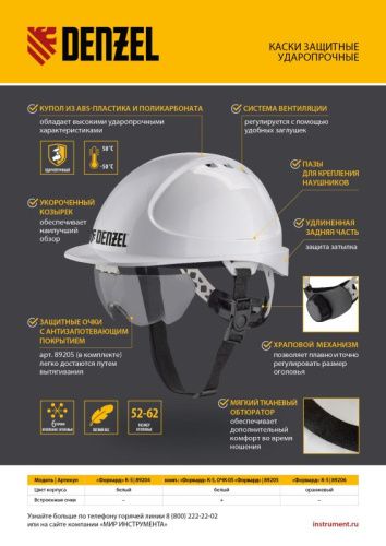Каска защитная ударопрочная, ABS/PC, плавная регулировка, модель «Форвард» (К-05)белая Denzel-Tehinstrument