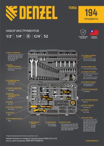 Набор инструментов 194 предмета Denzel, пластиковый кейс-Tehinstrument