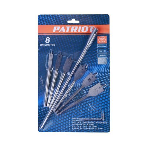 Набор сверел по дереву перовых 10-25 мм, удлиннитель 300 мм, Patriot-Tehinstrument