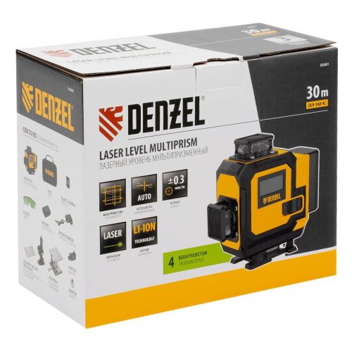 Лазерный уровень мультипризменный DLV-360-4C, 30 м, зеленый луч, Li-Ion 2,4 Aч, кейс// Denzel-Tehinstrument