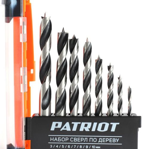 Набор сверл по дереву спиральные W-образная заточка 3, 4, 5, 6, 7, 8, 9, 10 мм, Patriot-Tehinstrument