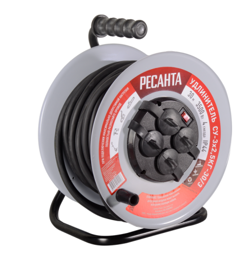 Удлинитель силовой на металлической катушке Ресанта СУ-3х2,5КГ-30/3 (с выкл., 4 розетки, IP44)-Tehinstrument