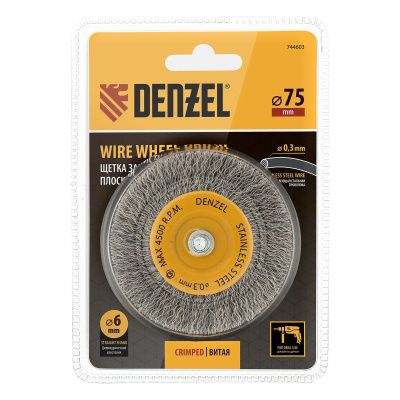 Щетка для дрели, 75 мм, Плоская, со шпилькой, нержавеющая витая проволока Denzel-Tehinstrument