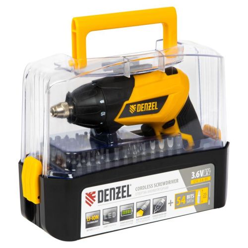 Отвертка DENZEL CSL-3,6-01, с аккумулятором 3.6 В Li-Ion, 1.3 Ач, 200 об/мин, с аксессуарами-Tehinstrument
