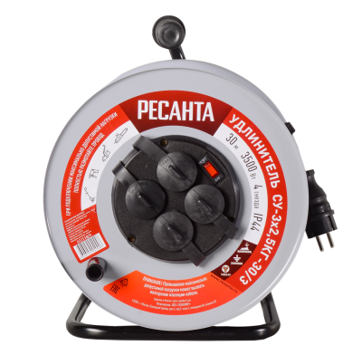 Удлинитель силовой на металлической катушке Ресанта СУ-3х2,5КГ-30/3 (с выкл., 4 розетки, IP44)-Tehinstrument