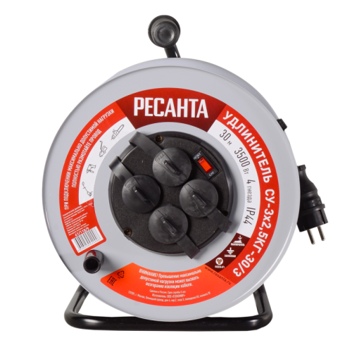 Удлинитель силовой на металлической катушке Ресанта СУ-3х2,5КГ-30/3 (с выкл., 4 розетки, IP44)-Tehinstrument