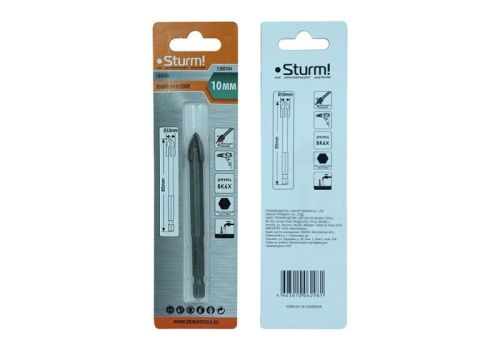 Сверло по стеклу и кафелю, 10мм, четырехгранный наконечник, шестигранный хвостовик,  Sturm-Tehinstrument