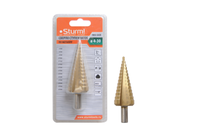 Сверло ступенчатое по металлу 4-30мм шаг 2мм HSS+TIN прямое  Sturm-Tehinstrument