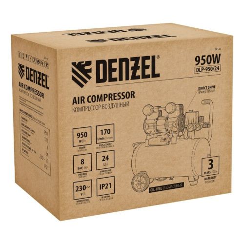 Малошумный безмасляный компрессор Denzel DLP-950/24-Tehinstrument