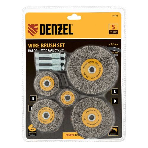 Набор щеток для дрели, 5 Плоских 25-38-50-63-75 мм, шпилька, нерж. вит. проволока Denzel-Tehinstrument