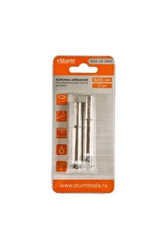 Коронка алмазн. По керам. Плитке и стеклу 8 х 55 мм, 2 шт., блистер,  Sturm-Tehinstrument