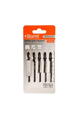 Пилки для лобзика по дереву T119BO, 5 шт, 76х51мм, шаг зуба 2мм, быстрый фигурный рез, HCS,  Sturm-Tehinstrument