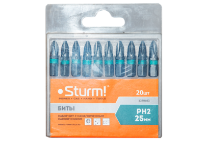 Биты PH2х25мм,сталь S2, С МАГНИТН. НАКОНЕЧНИКОМ,20 шт. В пластик.кейсе  Sturm-Tehinstrument