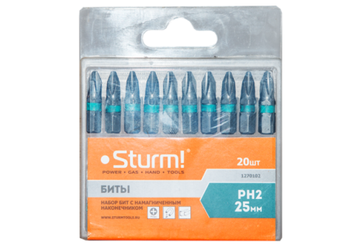 Биты PH2х25мм,сталь S2, С МАГНИТН. НАКОНЕЧНИКОМ,20 шт. В пластик.кейсе  Sturm-Tehinstrument