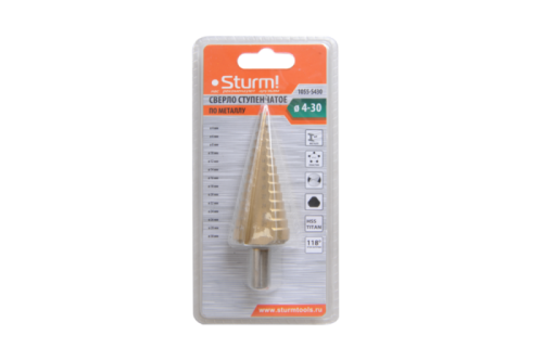 Сверло ступенчатое по металлу 4-30мм шаг 2мм HSS+TIN прямое  Sturm-Tehinstrument