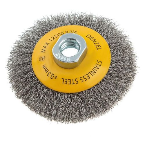 Щетка для УШМ, 100 мм, "Тарелка", витая нержавеющая проволока 0.3 мм, М14 Denzel-Tehinstrument