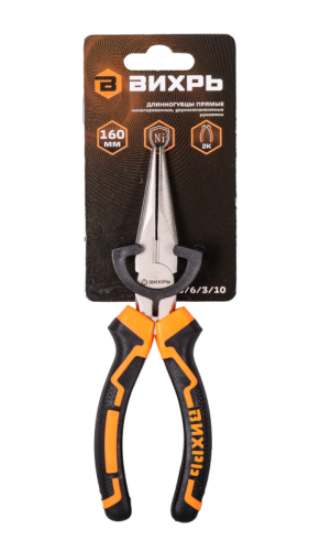 Длинногубцы прямые Вихрь, 160 мм, никелированные, двухкомпонентные рукоятки-Tehinstrument