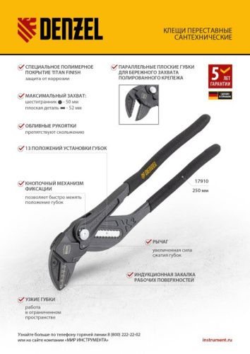 Клещи переставные, кнопочный механизм, обливные рукоятки, сантехнические, 250 мм Denzel-Tehinstrument