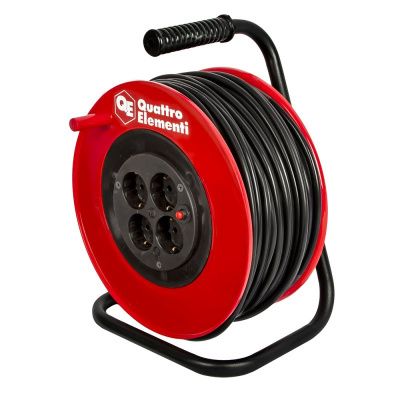Удлинитель силовой QUATTRO ELEMENTI УХз16-004 - 60 м, провод ПВС 3х1,5 мм2, 4 роз. 16А 220В, автомат защиты, катушка пластик-Tehinstrument