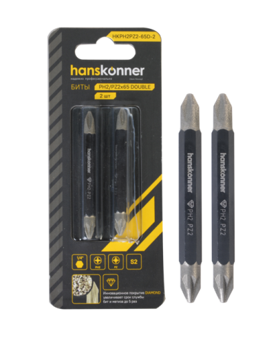 Биты двустор., PH2xPZ2x65мм, сталь S2, Diamond, 2шт,Hanskonner-Tehinstrument