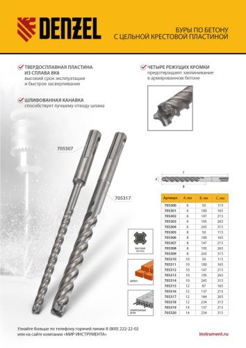 Бур по бетону, цельная крестовая пластина, 10x165 мм, SDS PLUS Denzel-Tehinstrument