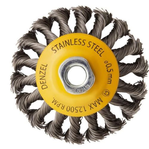 Щетка для УШМ, 100 мм, "Тарелка", крученая нержавеющая проволока 0.5 мм, М14 Denzel-Tehinstrument