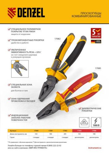 Плоскогубцы комбинированные, диэлектрические трехкомпонентные рукоятки до 1000 В, 165 мм Denzel-Tehinstrument