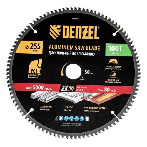 Пильный диск по алюминию ф255 х 30 мм, 100 зубьев Denzel-Tehinstrument