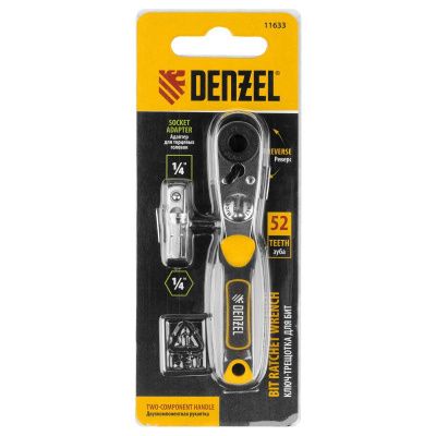 Ключ-трещотка для бит 1/4", 52 зуба, CrMo, адаптер для торцевых головок Denzel-Tehinstrument