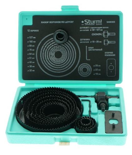 Набор коронок по дереву, 12 шт, 19/22/29/32/38/44/51/64/76/89/102/127x22мм, пластиковый кейс,  Sturm-Tehinstrument
