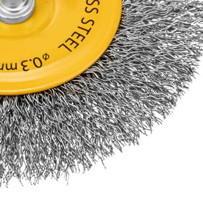 Щетка для дрели 100 мм, Плоская, со шпилькой, нержавеющая витая проволока Denzel-Tehinstrument