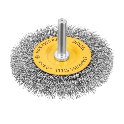 Щетка для дрели, 75 мм, Плоская, со шпилькой, нержавеющая витая проволока Denzel-Tehinstrument