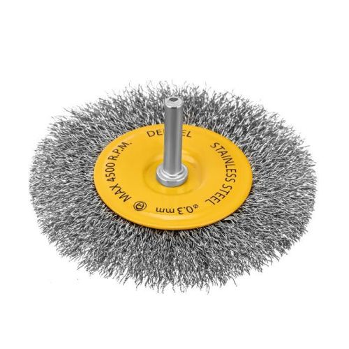 Щетка для дрели 100 мм, Плоская, со шпилькой, нержавеющая витая проволока Denzel-Tehinstrument