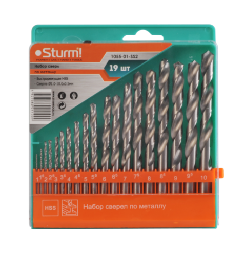 Сверла по металлу набор 19шт, 1-10х0.5мм, HSS,  Sturm-Tehinstrument