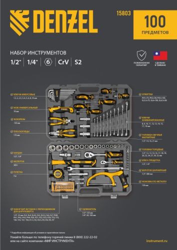 Набор инструментов 100 предметов Denzel, пластиковый кейс-Tehinstrument