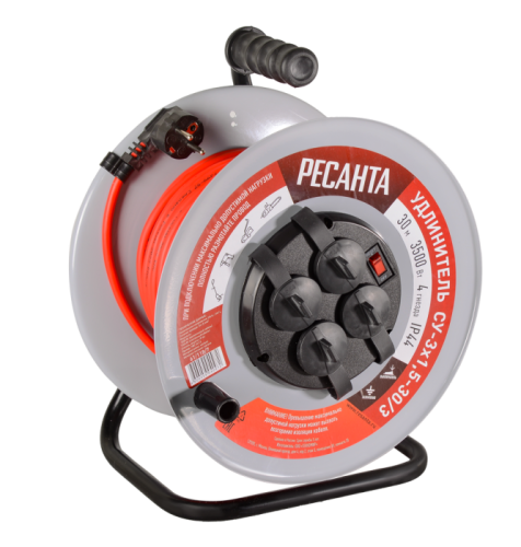Удлинитель силовой на металлической катушке Ресанта СУ-3х1,5-30/3 (с выкл., 4 розетки, IP44)-Tehinstrument